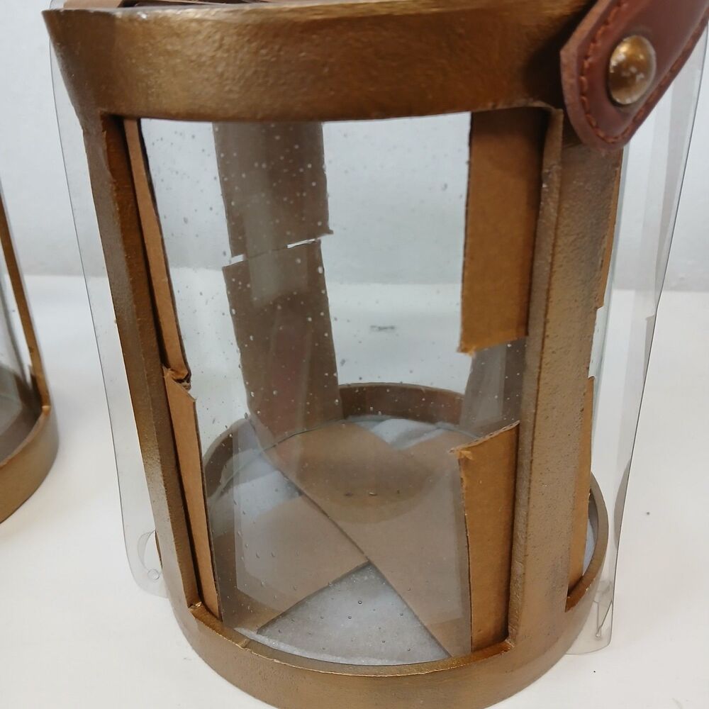 Threshold Glass Candle Holder Set of 2 Brushed Metal w/Brown Faux Leather Handle - Picture 3 of 9